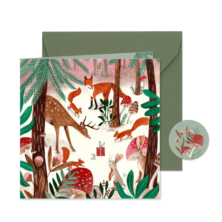 Kerstkaart illustratie woodland wonders dieren in bos - Kaartimpressie