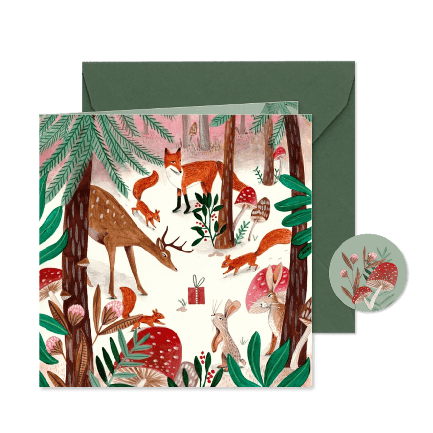 Kerstkaart illustratie woodland wonders dieren in bos - Kaartimpressie