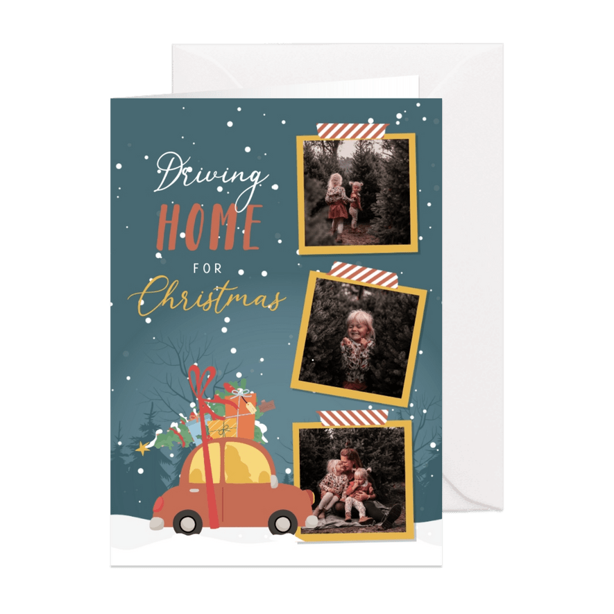 Kerstkaart illustraties van een auto en kerstboom - Kaartimpressie