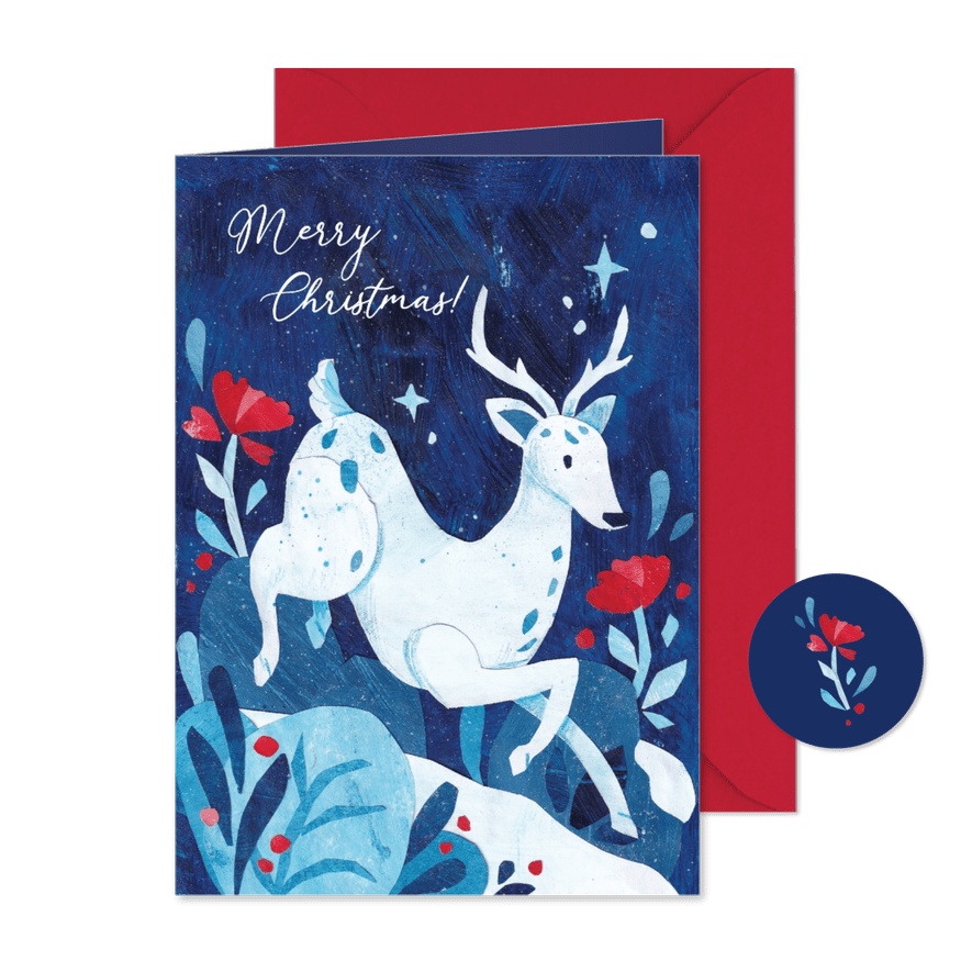 Kerstkaart in een winters thema met hert en bloemen - Kaartimpressie