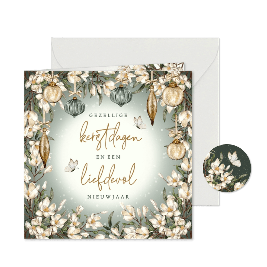 Kerstkaart in groen met kerstkrans en vlinders - Kaartimpressie