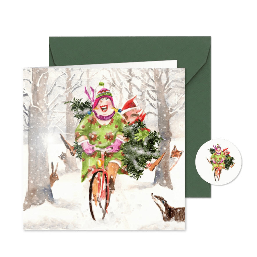 Kerstkaart in het bos met boom op fiets - Kaartimpressie