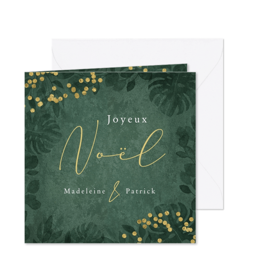 Kerstkaart in het Frans met gouden confetti en balderen - Kaartimpressie