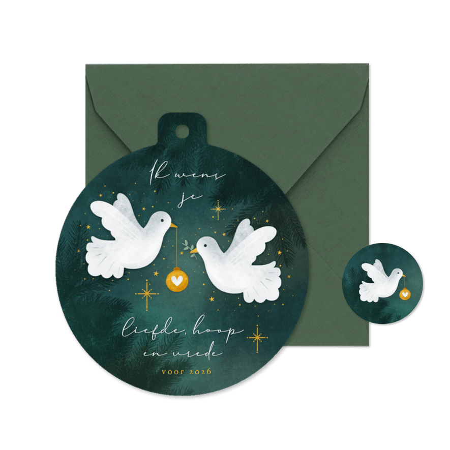 Kerstkaart in kerstbal vorm met witte duifjes - Kaartimpressie