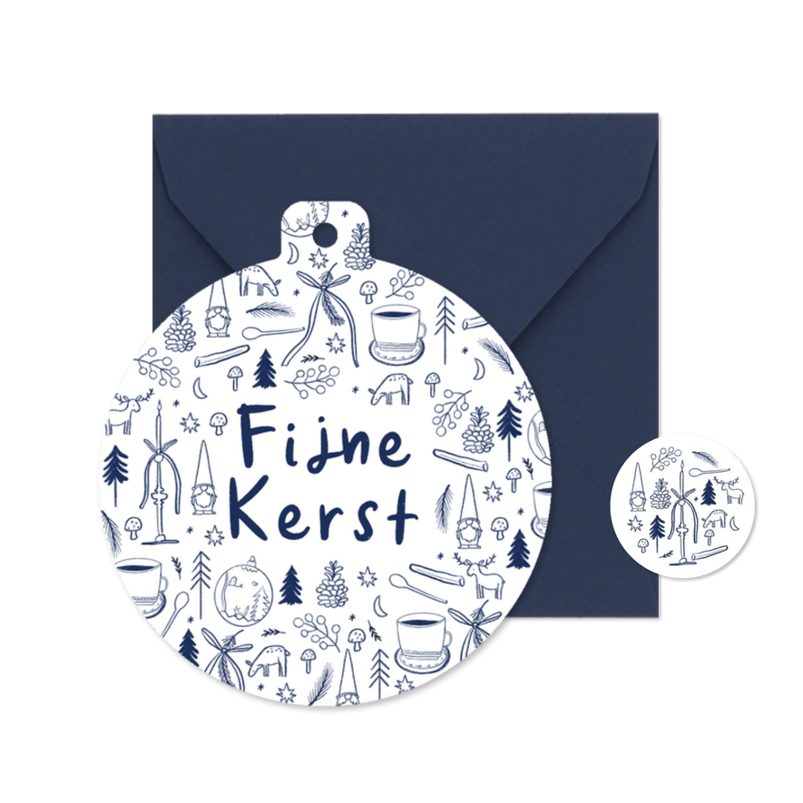 Kerstkaart in kerstbalvorm blauwe tekeningen fijne kerst - Kaartimpressie