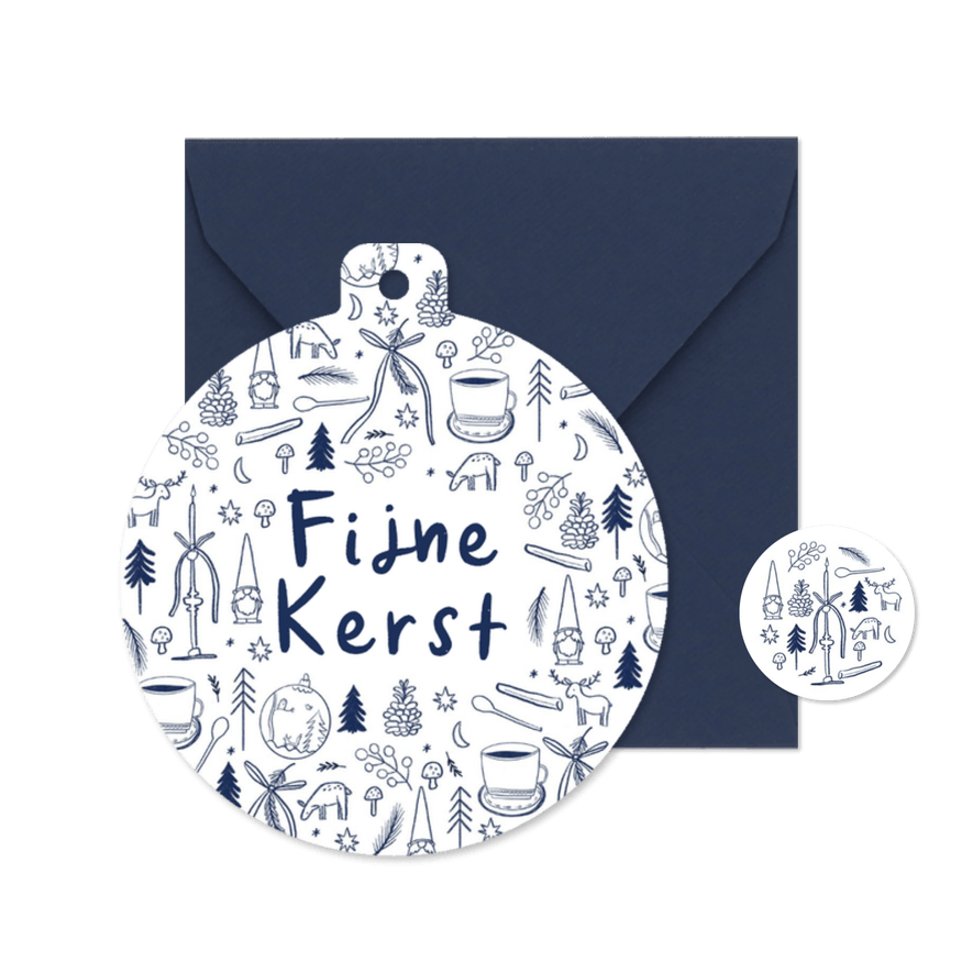 Kerstkaart in kerstbalvorm blauwe tekeningen fijne kerst - Kaartimpressie
