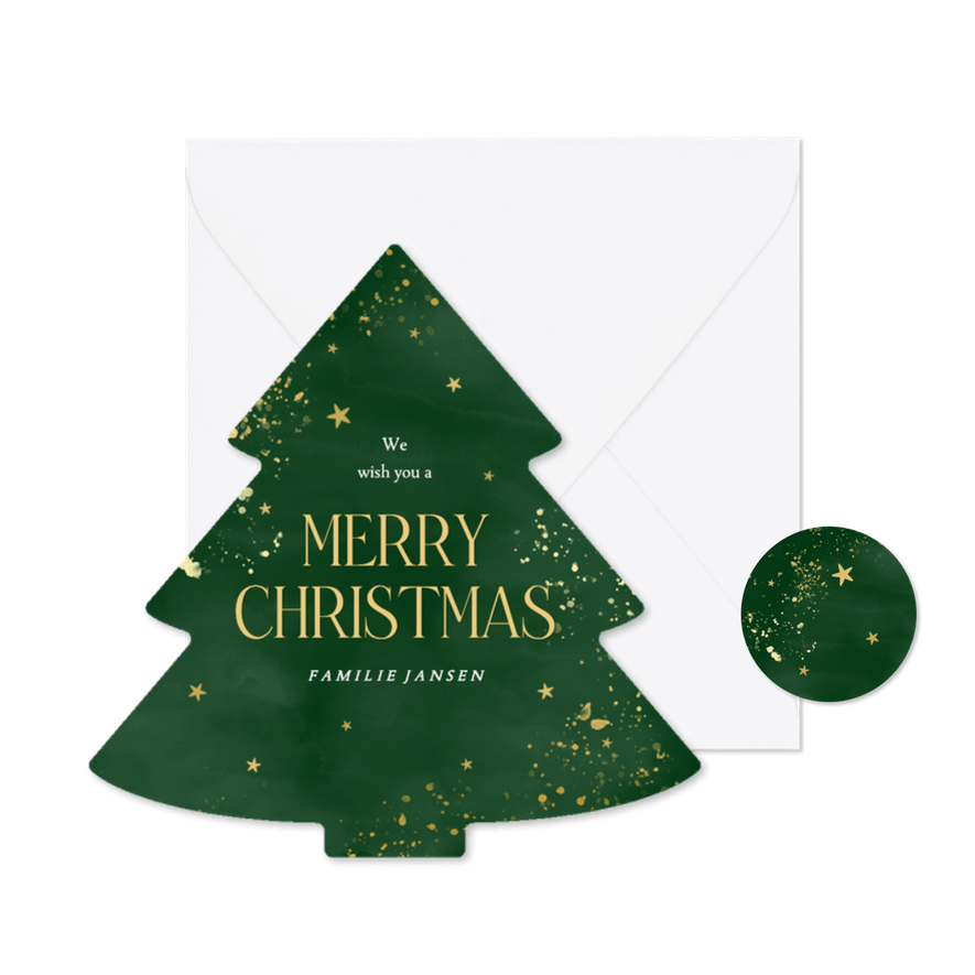 Kerstkaart in kerstboom vorm groen waterverf merry christmas - Kaartimpressie