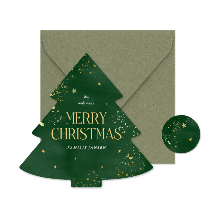Kerstkaart in kerstboom vorm groen waterverf merry christmas - Kaartimpressie