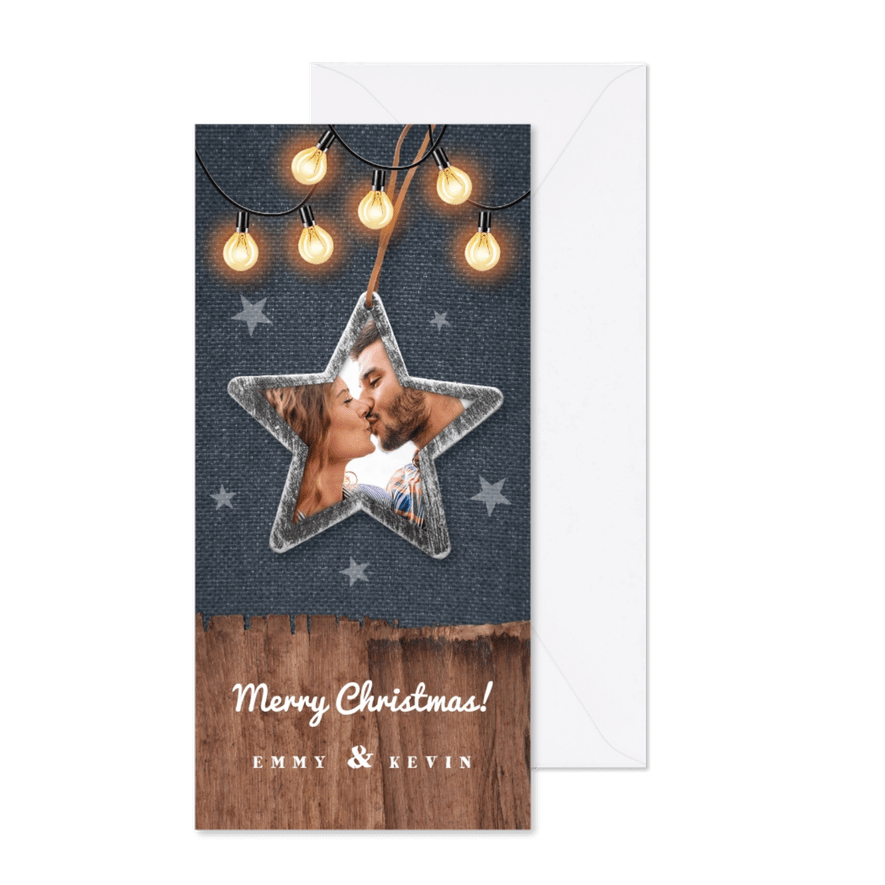 Kerstkaart industrieel met hout, lampjes en ster - Kaartimpressie