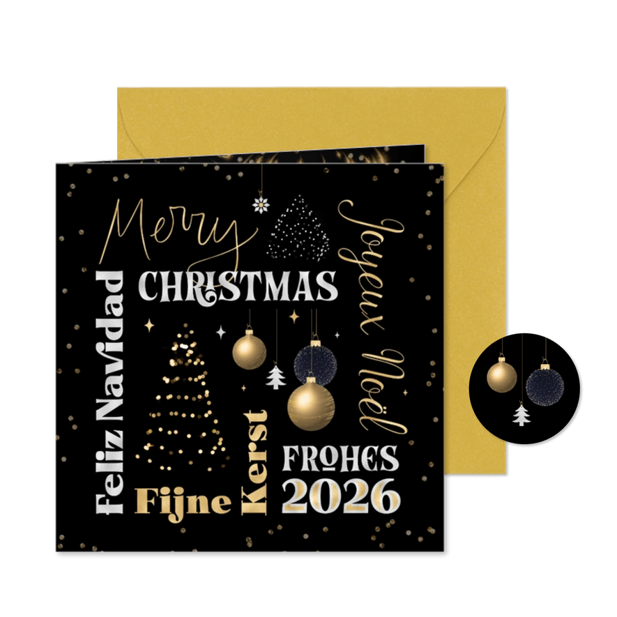 Kerstkaart internationaal vijf Europese talen typografisch - Kaartimpressie