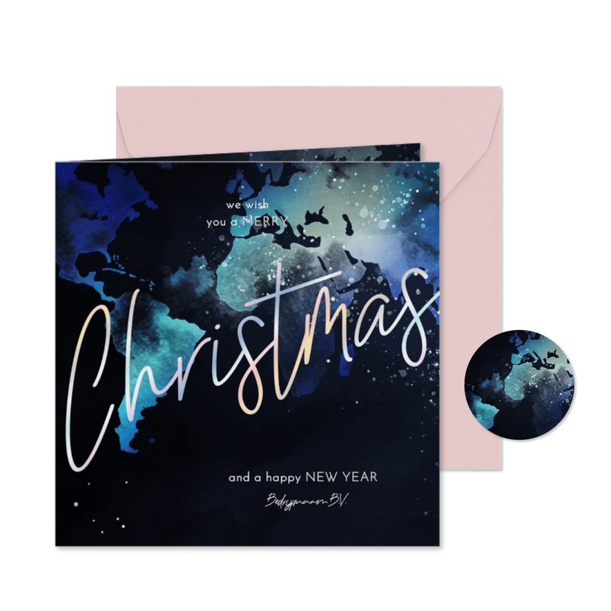 Kerstkaart internationaal wereldkaart in neonkleuren - Kaartimpressie