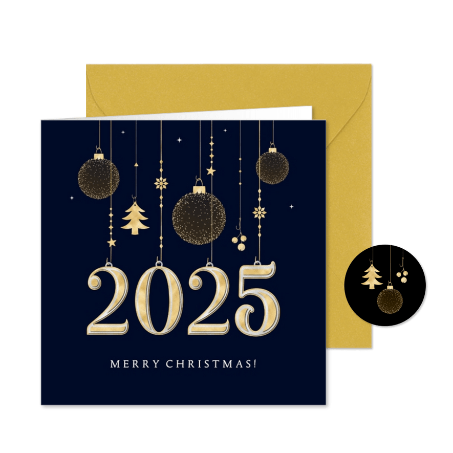 Kerstkaart internationaal zakelijk gouden ornamenten 2025 - Kaartimpressie