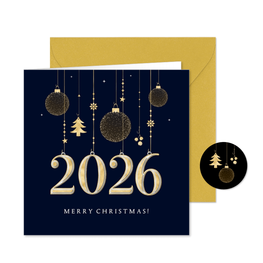 Kerstkaart internationaal zakelijk gouden ornamenten 2026 - Kaartimpressie