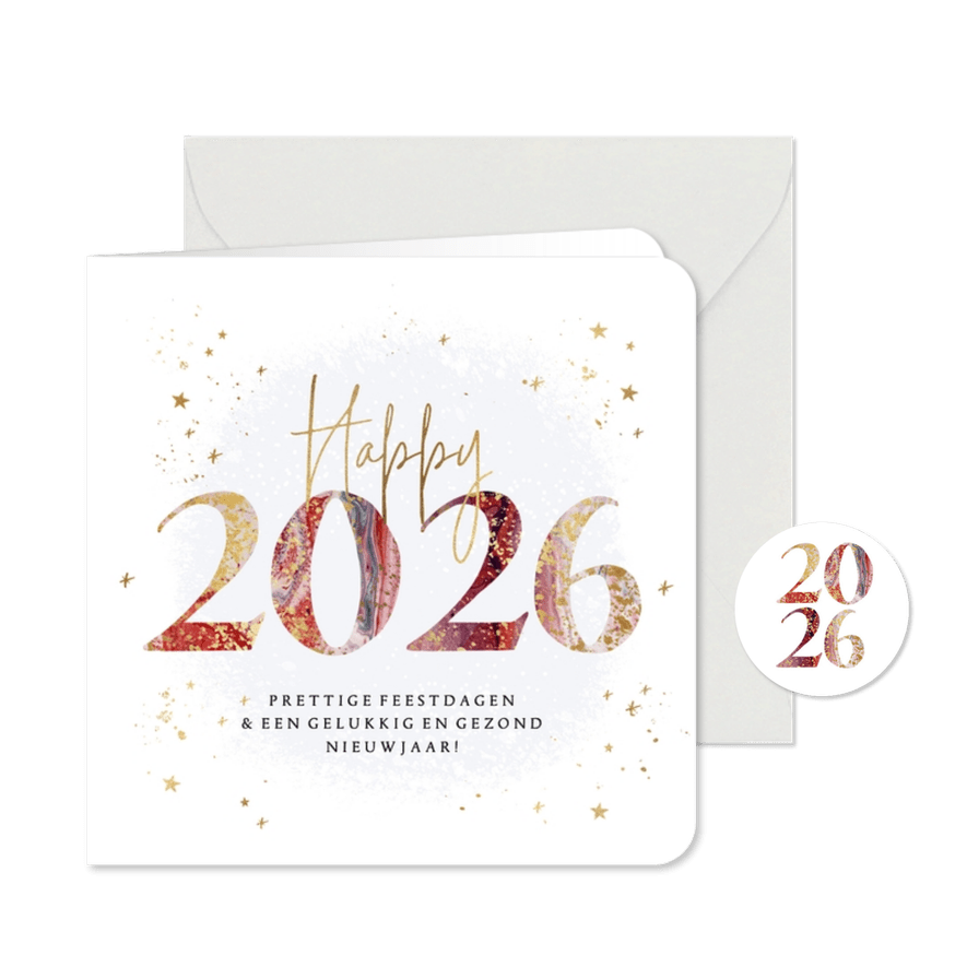 Kerstkaart jaartal 2026 verf goudspetters sterren - Kaartimpressie