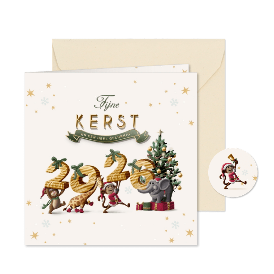 Kerstkaart jaartal als pakjes diertjes op weg naar kerstboom - Kaartimpressie