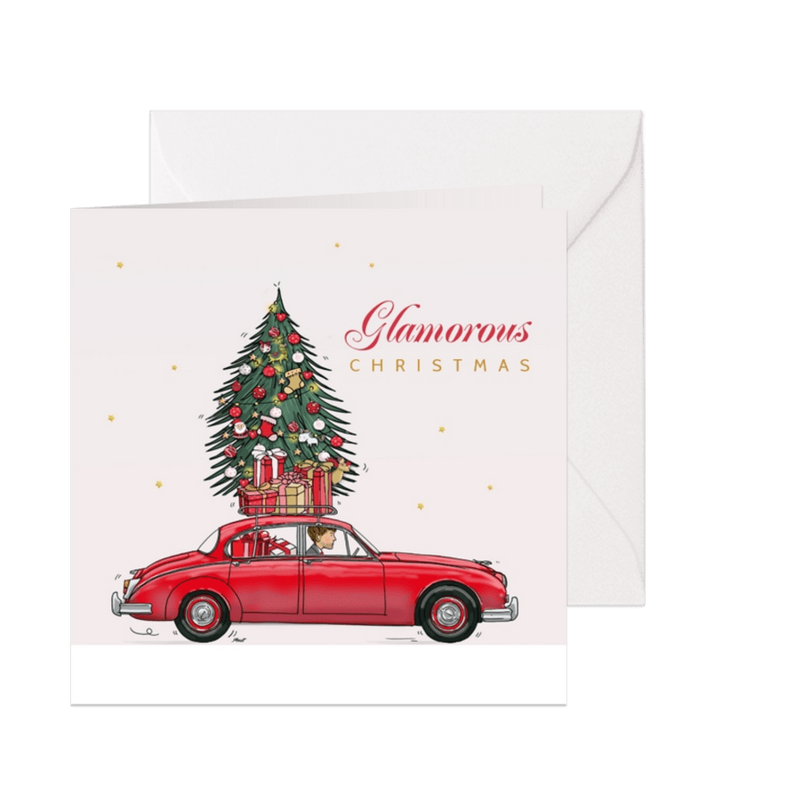 Kerstkaart Jaguar mk2 rood - Kaartimpressie