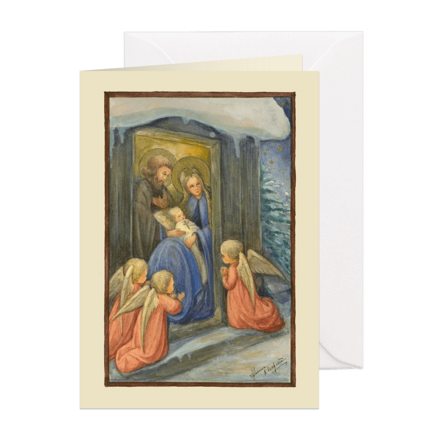 Kerstkaart Jezus Maria Jozef engelen - Kaartimpressie