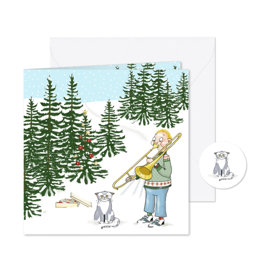 Kerstkaart jongen met trombone en kat - Kaartimpressie