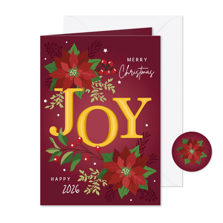 Kerstkaart 'joy' bloemen en planten in klassieke kleuren - Kaartimpressie