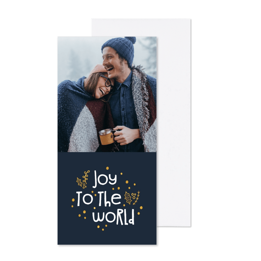 Kerstkaart joy to the world goudlook met foto - Kaartimpressie