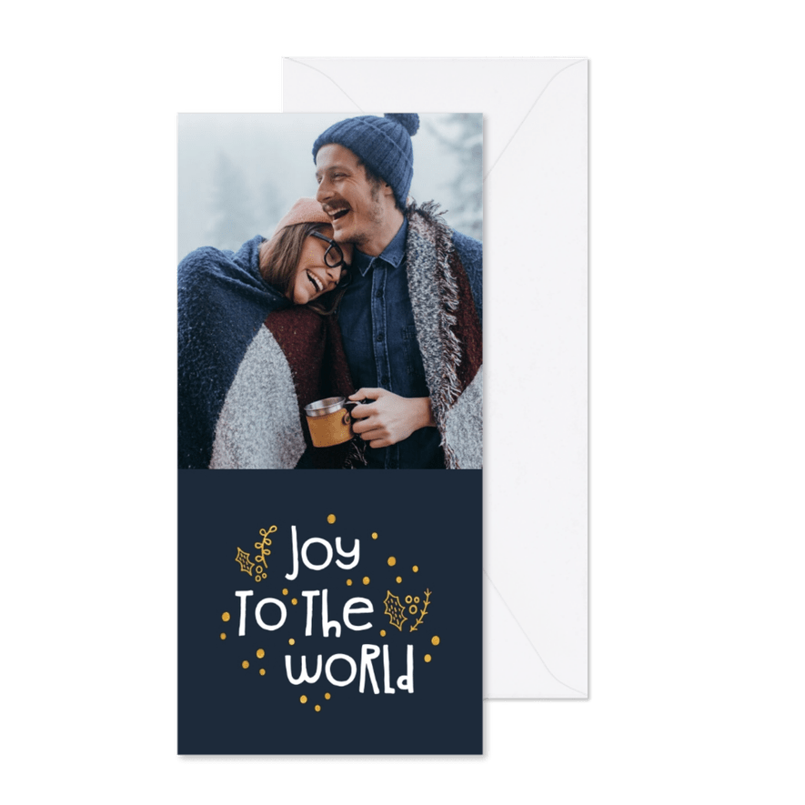 Kerstkaart joy to the world goudlook met foto - Kaartimpressie