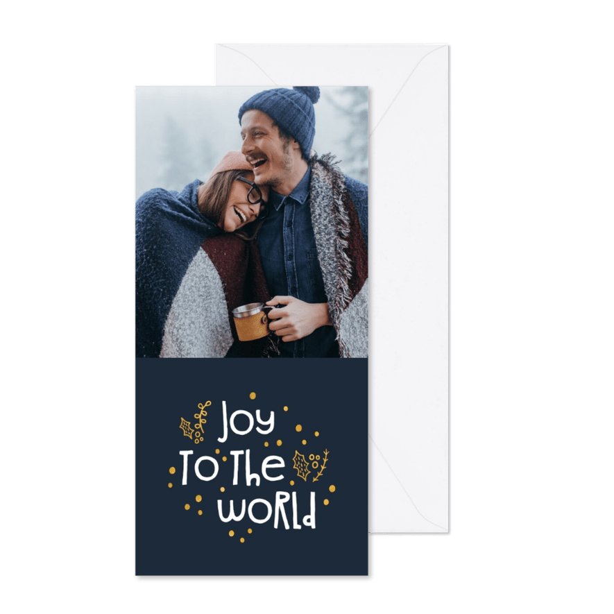 Kerstkaart joy to the world goudlook met foto - Kaartimpressie