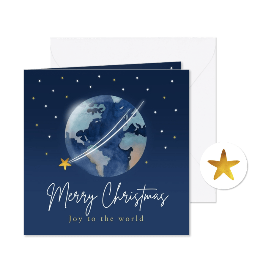 Kerstkaart joy to the world wereldbol sterren vallende ster - Kaartimpressie