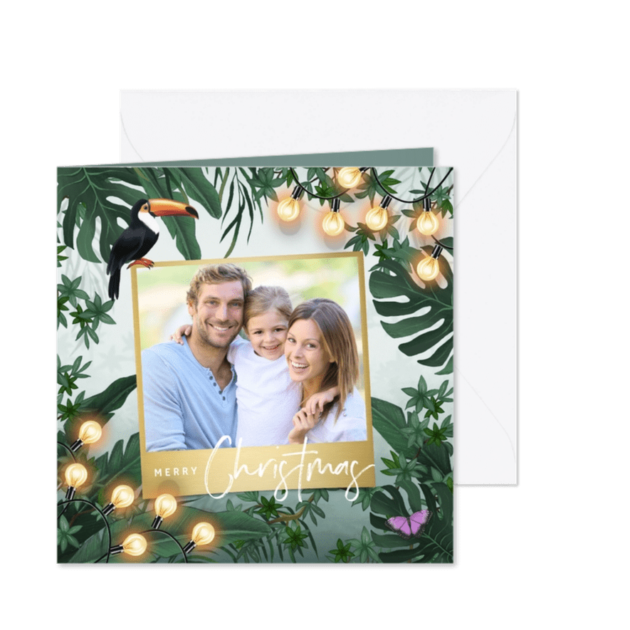 Kerstkaart jungle lampjes bladeren groen goud foto - Kaartimpressie