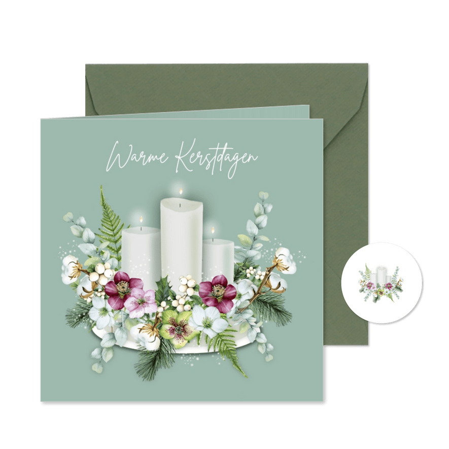 Kerstkaart kaarsen bloemen - Kaartimpressie