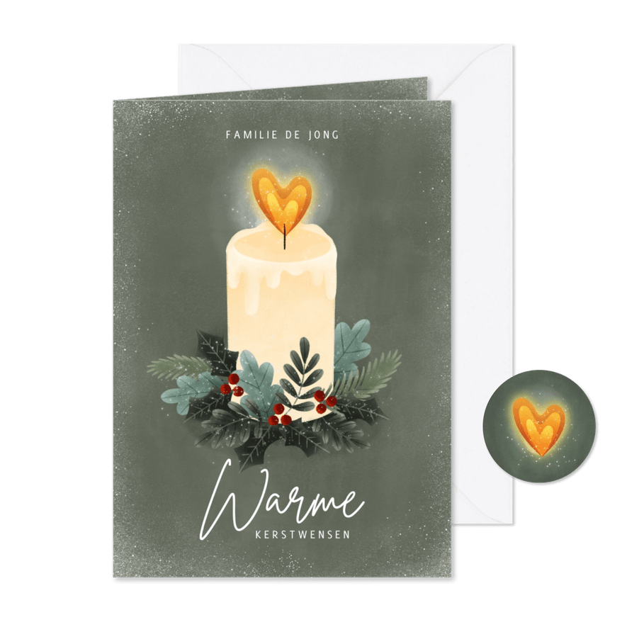 Kerstkaart kaarsje, kersttakjes en hartjes warme kerstwensen - Kaartimpressie