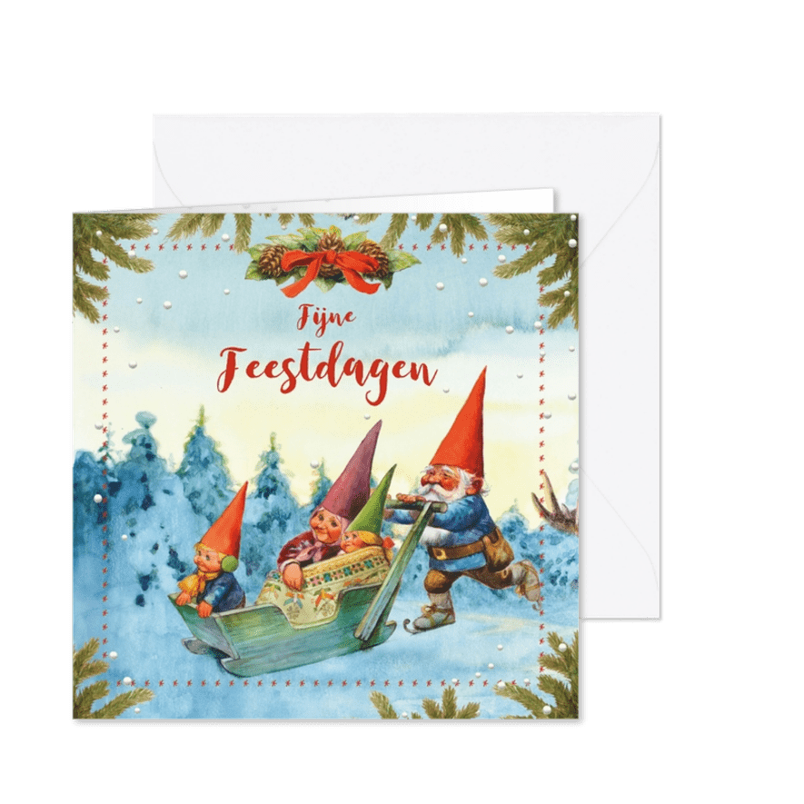 Kerstkaart kabouter familie op de slee - Kaartimpressie
