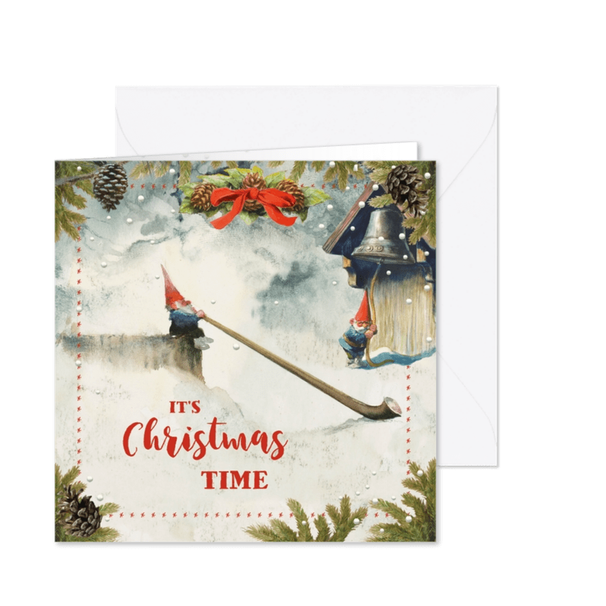 Kerstkaart kabouter klokkenluiden - Kaartimpressie