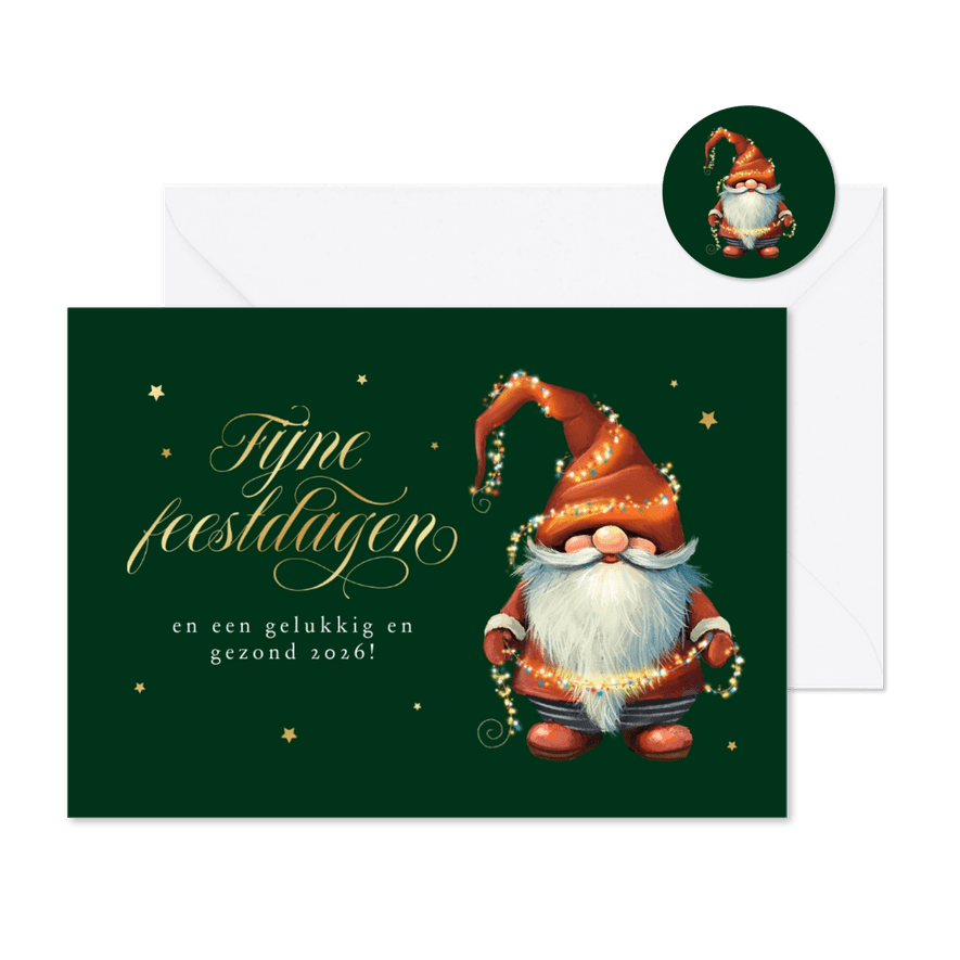 Kerstkaart kabouter lichtjes grappige illustratie - Kaartimpressie