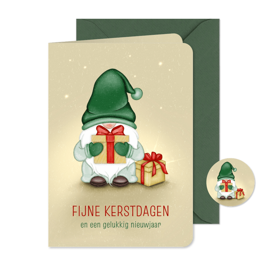 Kerstkaart kabouter met cadeautjes - Kaartimpressie