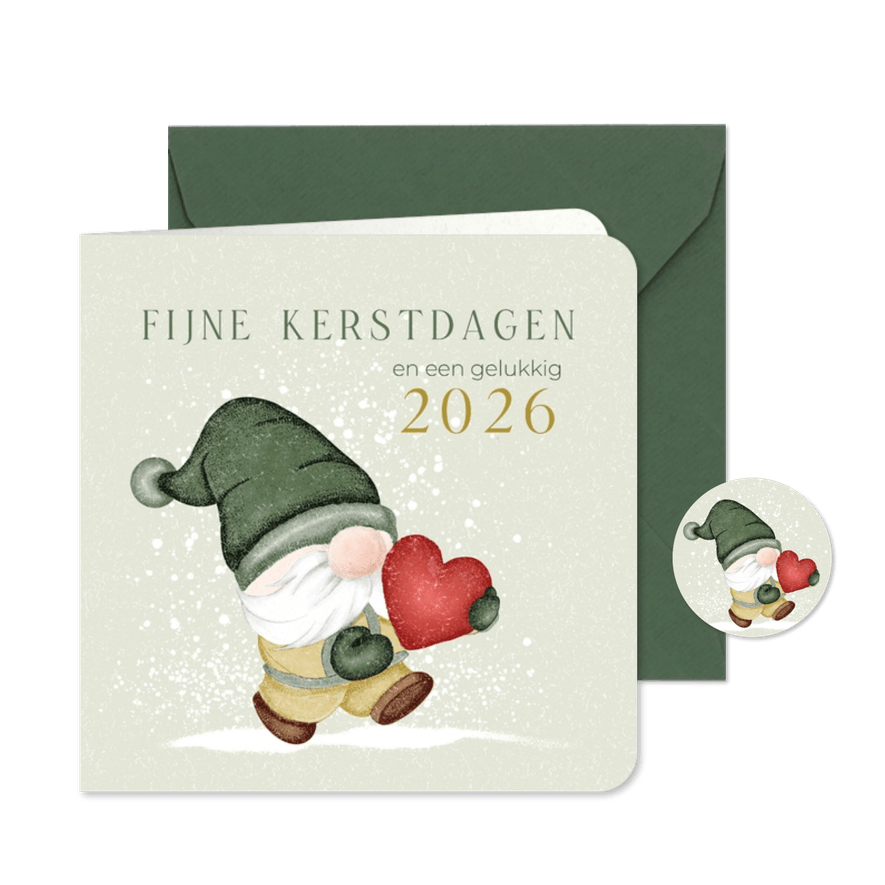 Kerstkaart kabouter met rood hart en foto - Kaartimpressie