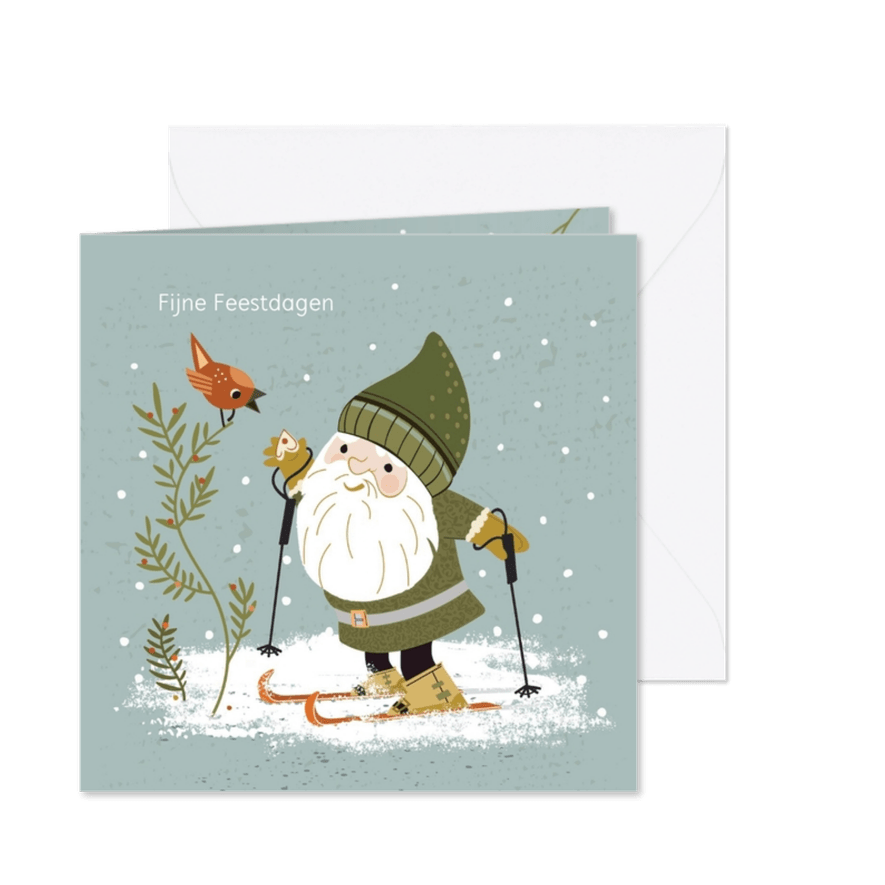 Kerstkaart - kabouter met vogel - Kaartimpressie