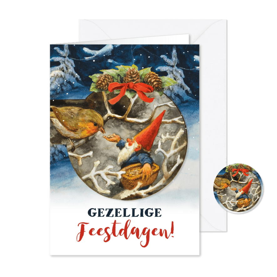 Kerstkaart kabouter voert roodborstje - Kaartimpressie