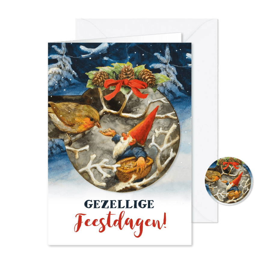 Kerstkaart kabouter voert roodborstje - Kaartimpressie