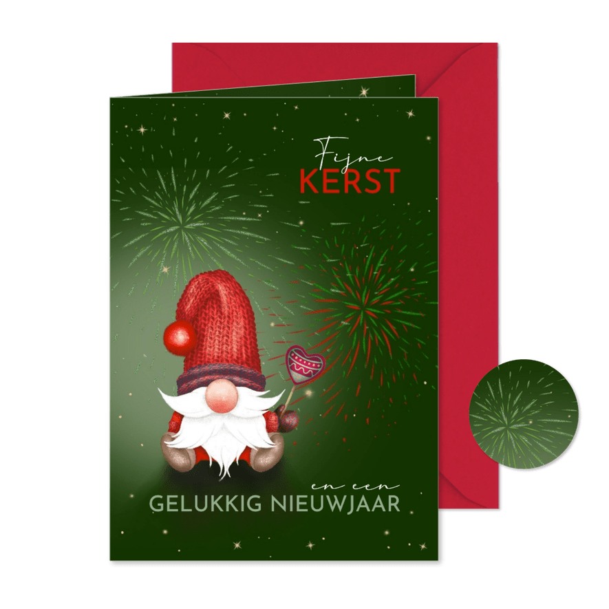 Kerstkaart kabouters en vuurwerk - Kaartimpressie