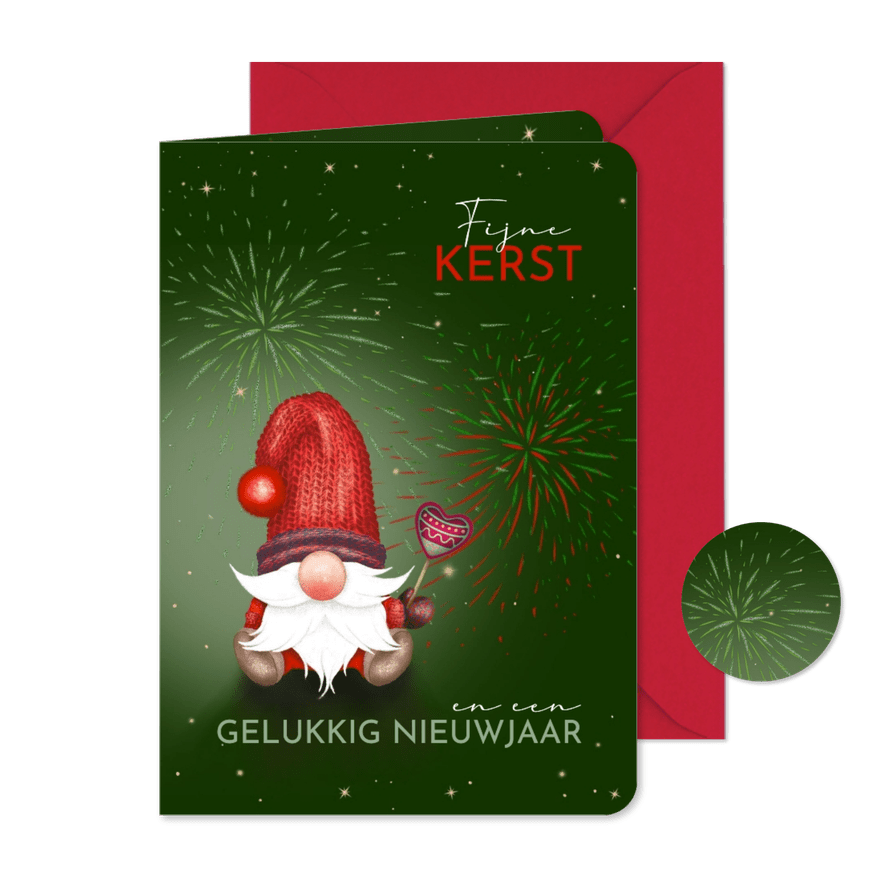 Kerstkaart kabouters en vuurwerk - Kaartimpressie