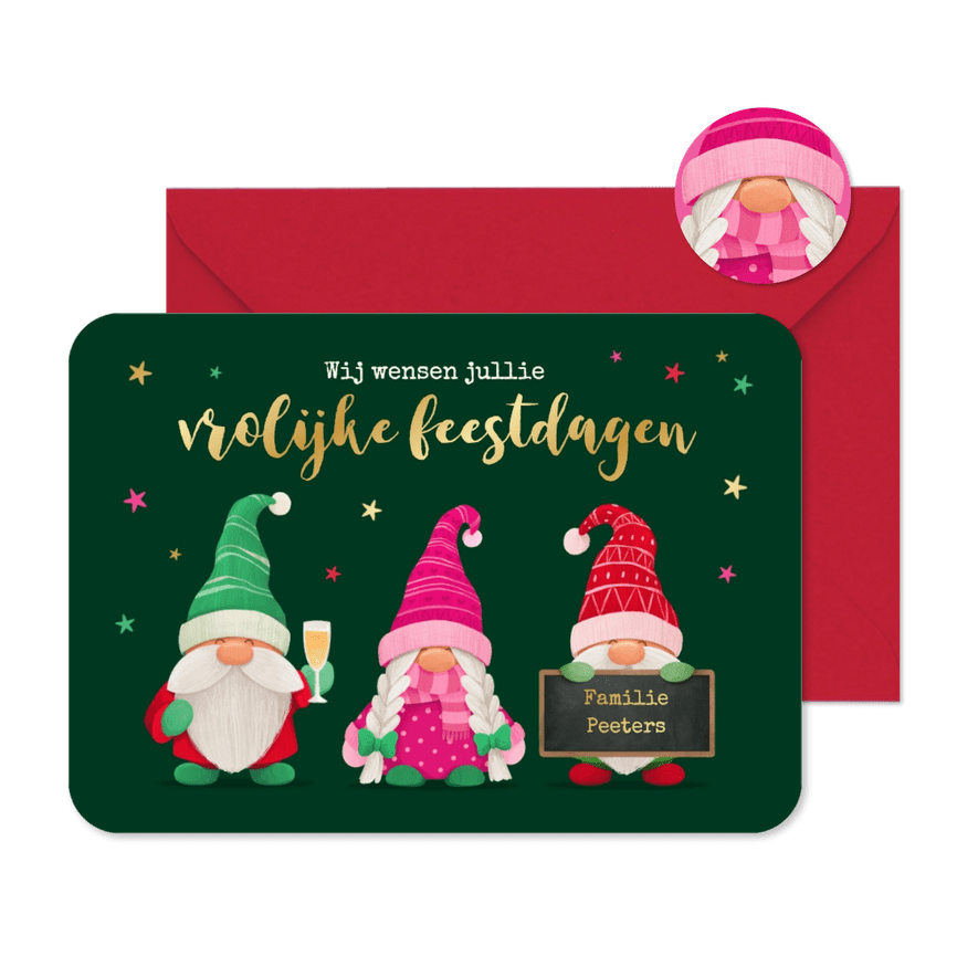 Kerstkaart kabouters vrolijke feestdagen sterretjes - Kaartimpressie