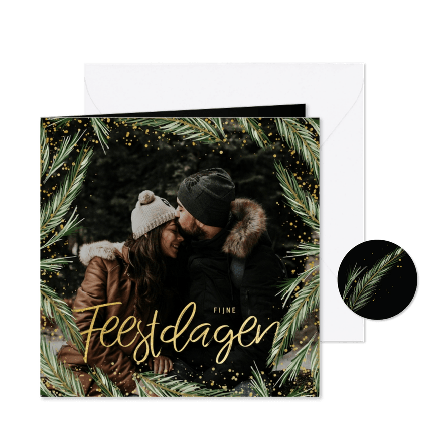 Kerstkaart kader van dennen met grote foto - Kaartimpressie