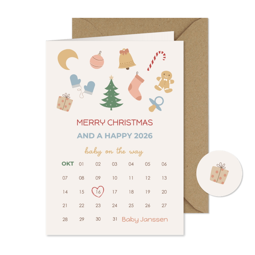 Kerstkaart kalender baby op komst - Kaartimpressie