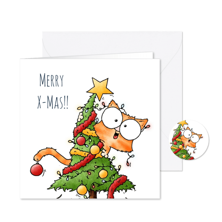 Kerstkaart kat in de kerstboom Merry Christmas - Kaartimpressie