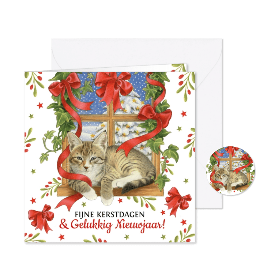 Kerstkaart kat in vensterbank  - Kaartimpressie