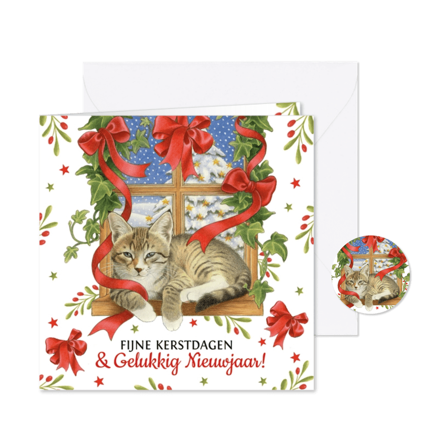 Kerstkaart kat in vensterbank  - Kaartimpressie