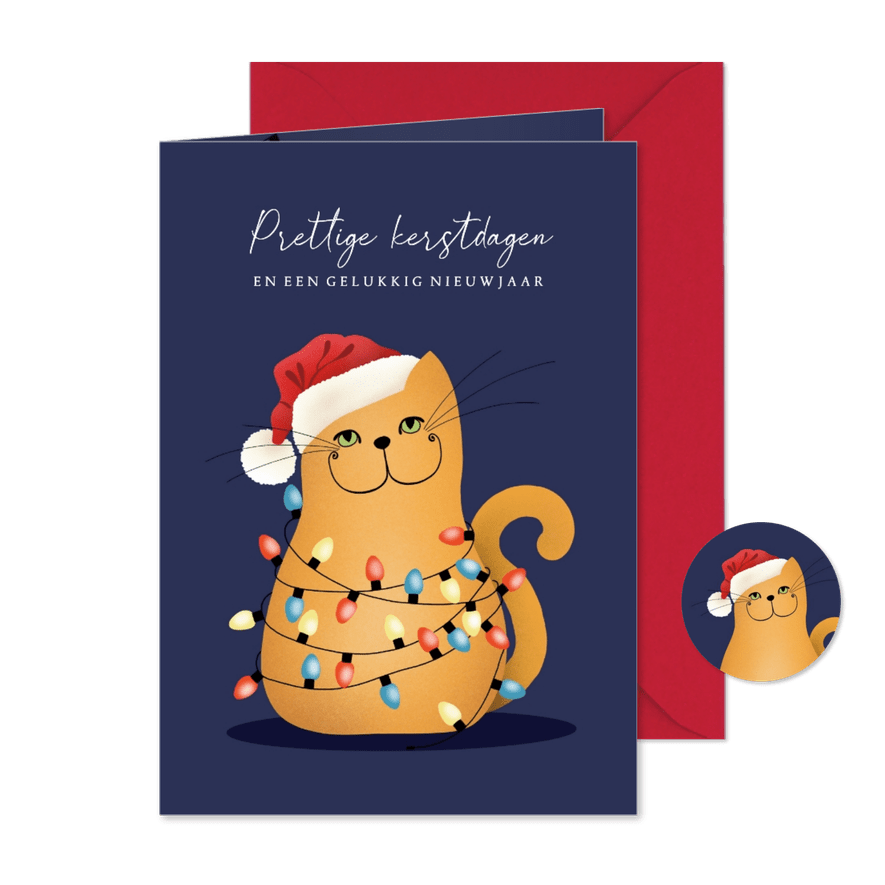 Kerstkaart - kat in wirwar van kerstlampjes - Kaartimpressie