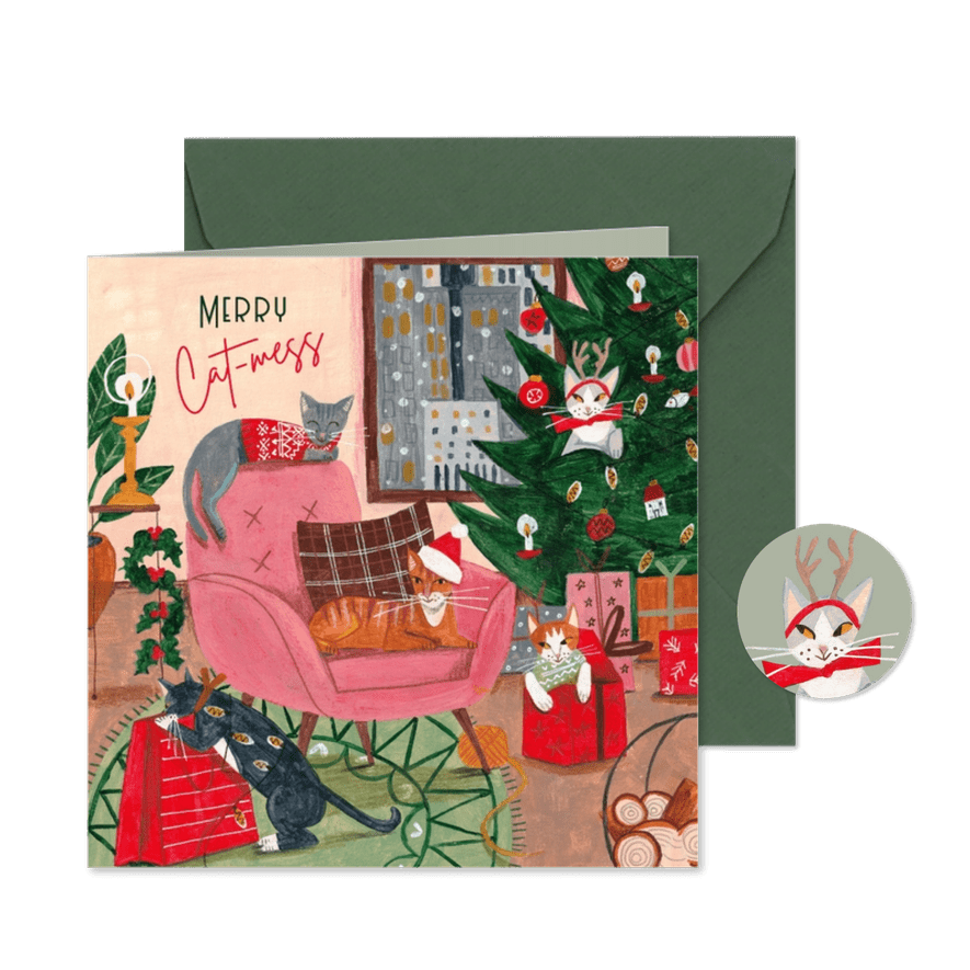 Kerstkaart kat kerst interieur gezellig illustratie - Kaartimpressie