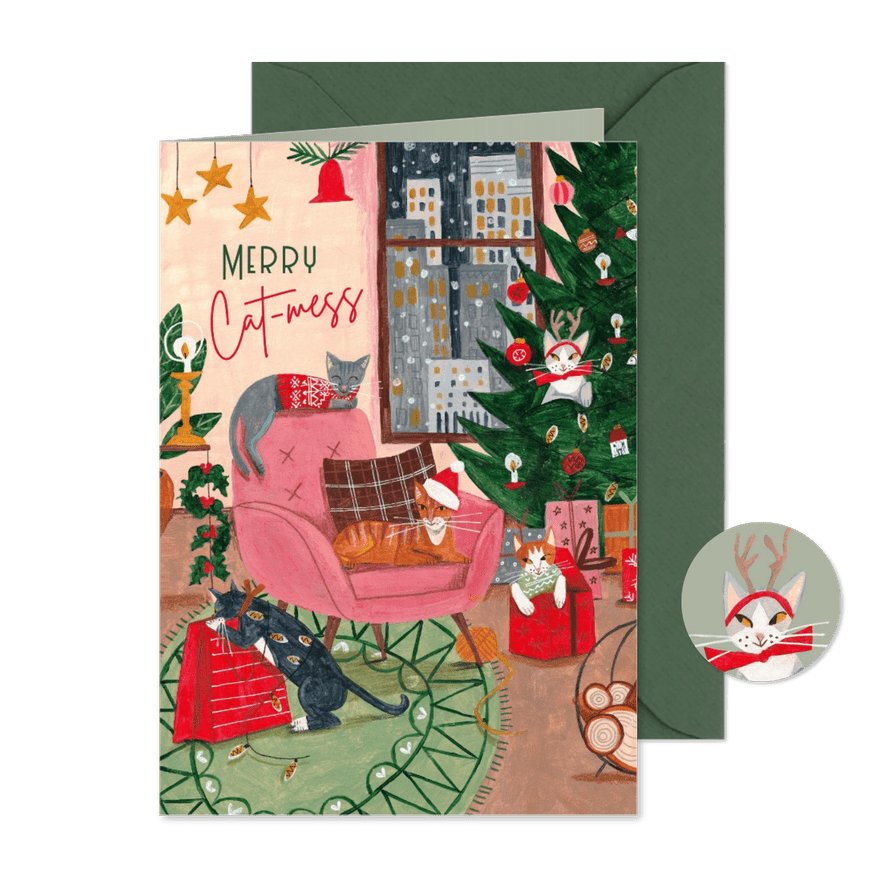 Kerstkaart kat kerstboom interieur illustratie - Kaartimpressie