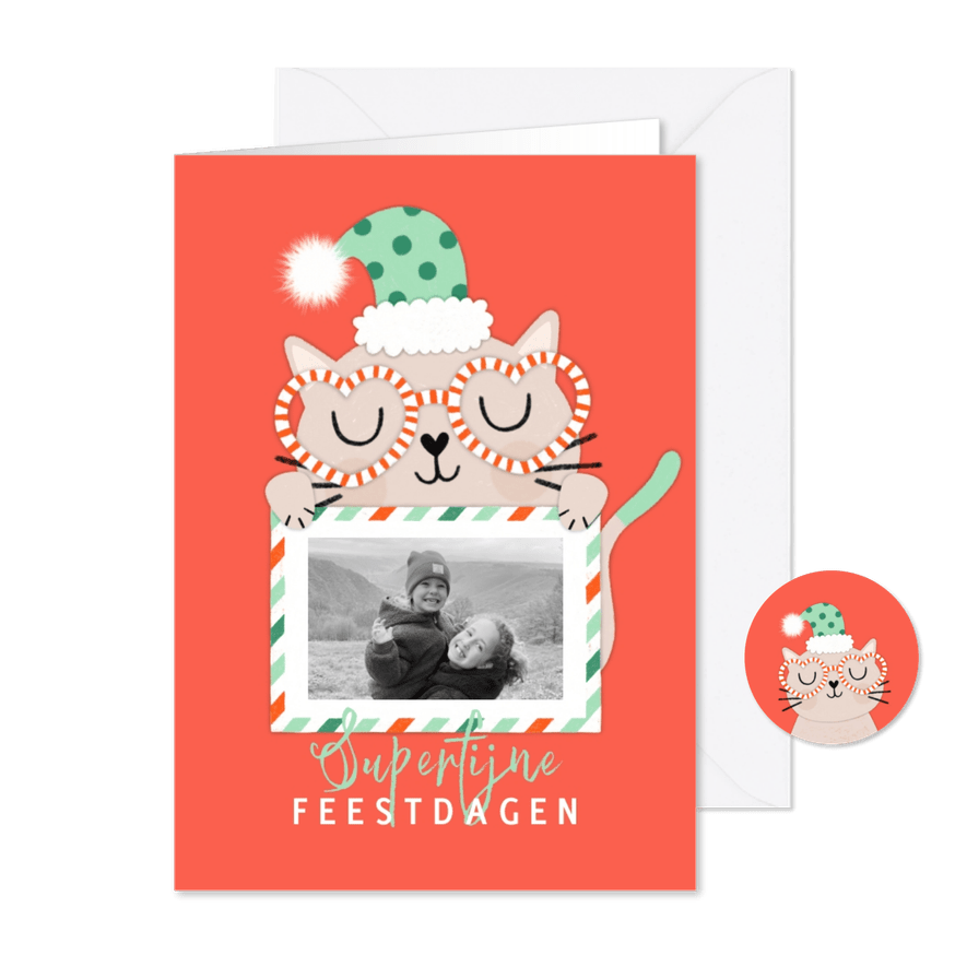 Kerstkaart kat kerstmuts foto rood groen - Kaartimpressie